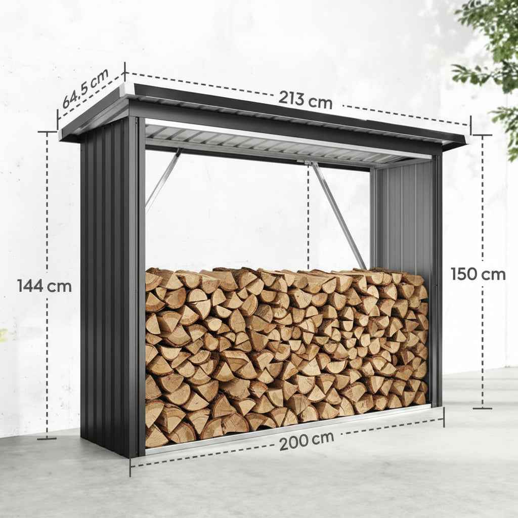 Abri à Bois Extérieur en Acier Gris Foncé 213 cm avec Toit Incliné