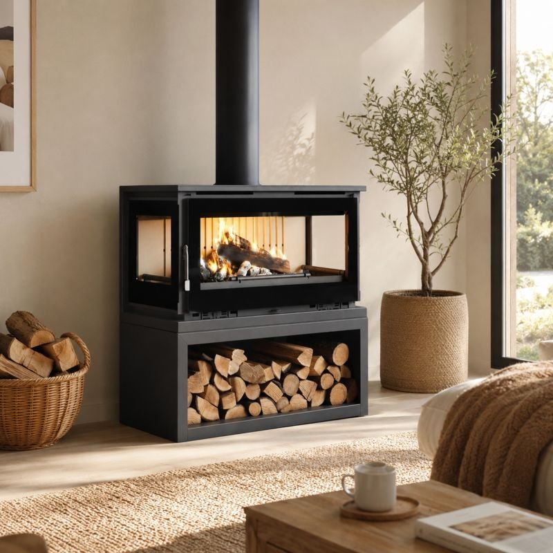 Poêle à bois raccordable 3 vitres avec bûcher - FIREMATIC Calgary - L 13.5 kW – Image 1